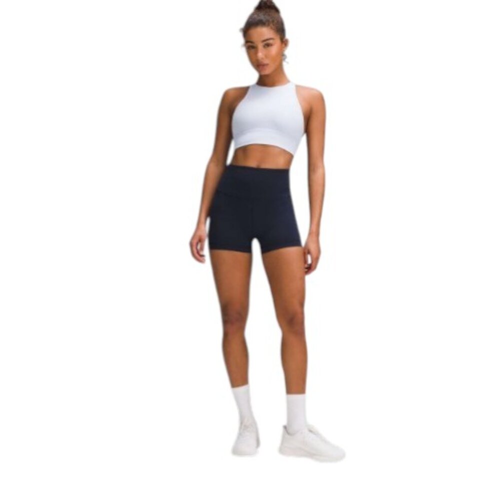 Lululemon Energy Bra High Neck Long Line Rib *Medium Support, B–D Cup Light Grey